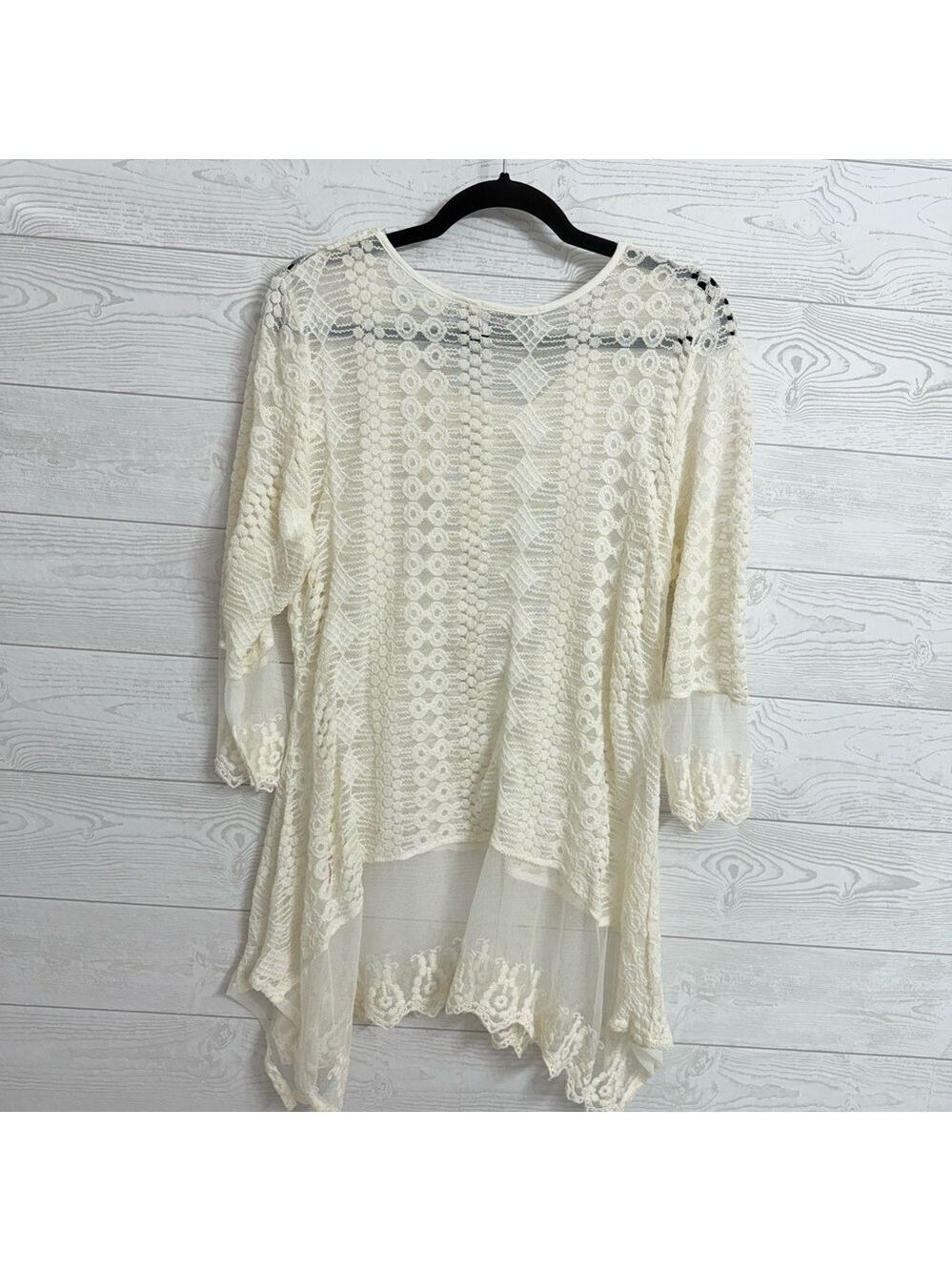 LeModa Women’s Ivory Shear & Lace Boho Top. Size M - Picture 2 of 8